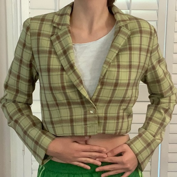 Sans Souci Jackets & Blazers - Sans Souci Green Plaid Cropped Blazer
